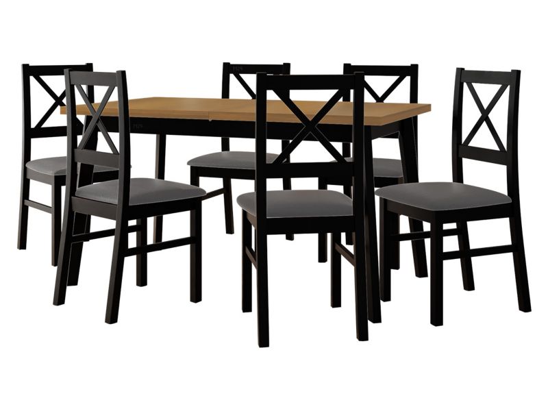 Zestaw DR11 MIRJAN 24 Stół rozkładany Oslo V 80x140/180 + 6 krzeseł Nilo 10 dąb grandson + czarny + ciemnoszara tapicerka 1 kpl.