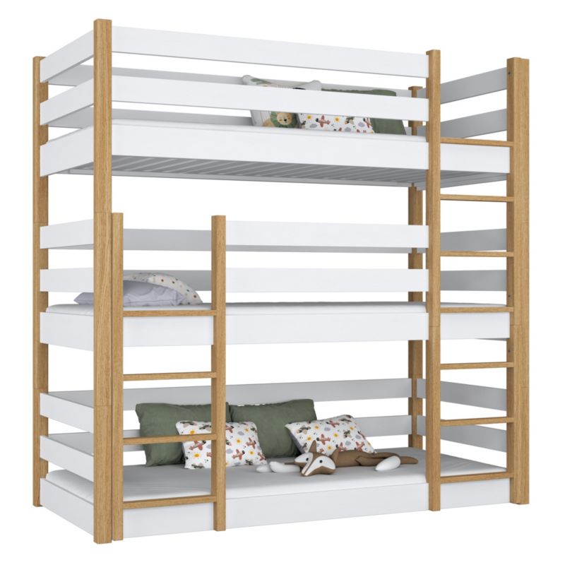 Drewniane łóżko N-WOOD 3-piętrowe N01 biały / dąb naturalny 80x200 1szt.