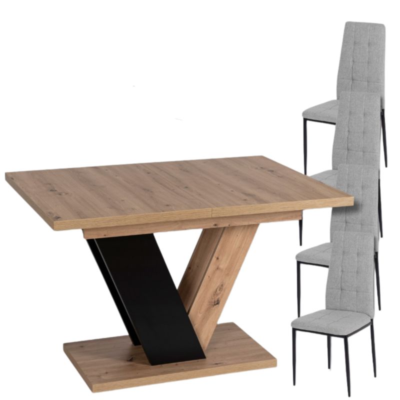 Zestaw Stół i 4 Krzesła Mebel Elite Clark 120-160 cm Dąb Artisan/Czarny i Tex Szare 1 kpl