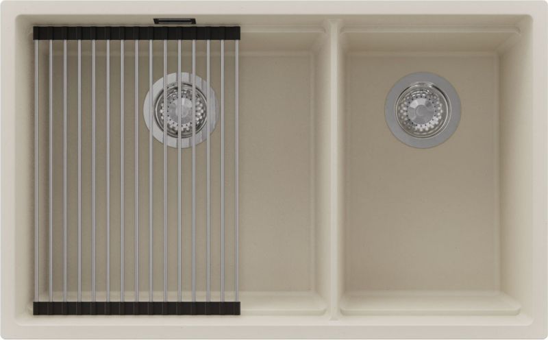 Zlewozmywak Praga Slim Duo PRIMAGRAN Nablatowy 76x47cm do szafki od 80cm, Beżowy + Syfon + Zwijany ociekacz, , 1 szt.