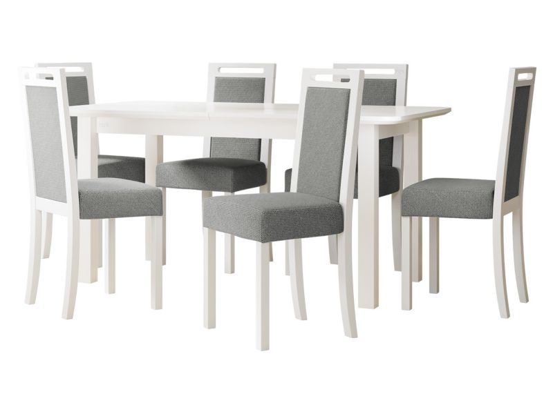 Zestaw DR10 MIRJAN 24 Stół rozkładany Wenus V S 90x160/200 + 6 krzeseł Roma 5 biały + szara tapicerka 1 kpl.
