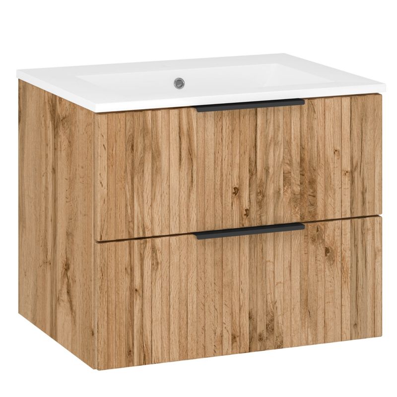 Szafka łazienkowa z umywalką ceramiczną MyFurni 60 cm dąb wotan, wisząca, ryflowana 1 kpl.