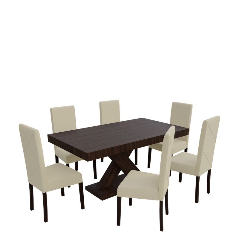 Zestaw RO06 MIRJAN 24 Stół rozkładany S05 90x160/210 + 6 krzeseł K02 orzech + ekoskóra ecru 1 kpl.