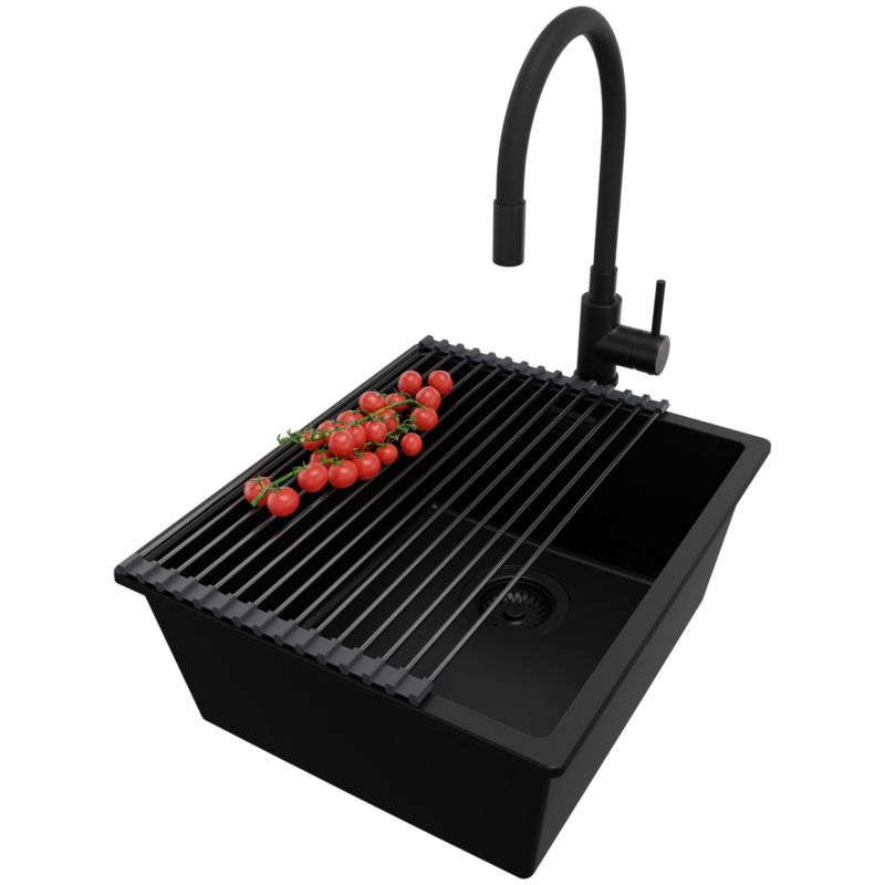 Zlewozmywak Granitowy Londyn Slim PRIMAGRAN Nablatowy 41x47cm do szafki od 45cm z Syfonem i Baterią i Dodatkiem Cały Czarny 1 szt.