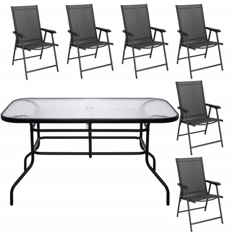 Zestaw mebli ogrodowych Springos stół ze szkłem hartowanym, 6 krzeseł komplet na taras czarno-szary 1 kpl.