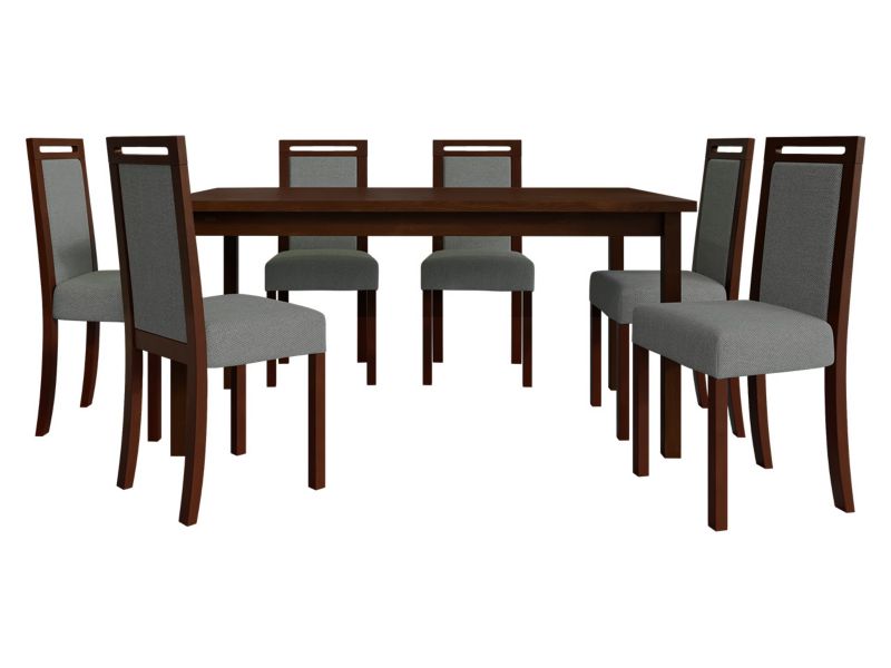 Zestaw DR03 MIRJAN 24 Stół rozkładany Modena II 90x160/200 + 6 krzeseł Roma 5 orzech + szara tapicerka 1 kpl.