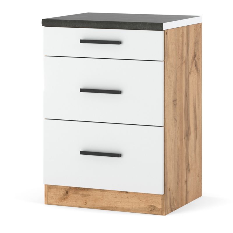 Szafka Kuchenna Hurtownia-Mebli Stojąca Z Szufladami Blanka dolna D60-3SZ 60cm Dąb Wotan Biały Mat 60x47x85 cm 1szt.