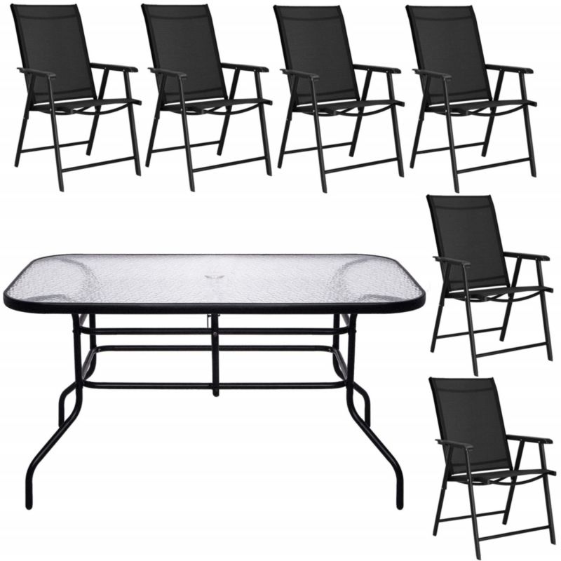 Zestaw mebli ogrodowych Springos stół ze szkłem hartowanym, 6 krzeseł komplet na taras czarny 1 kpl.