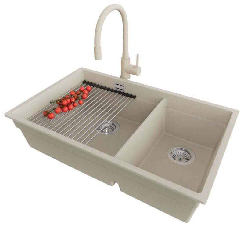 Zlewozmywak Granitowy Praga Slim Duo PRIMAGRAN Nablatowy 76x47cm, Beżowy + Bateria + Syfon + Akcesorium, , 1 szt.