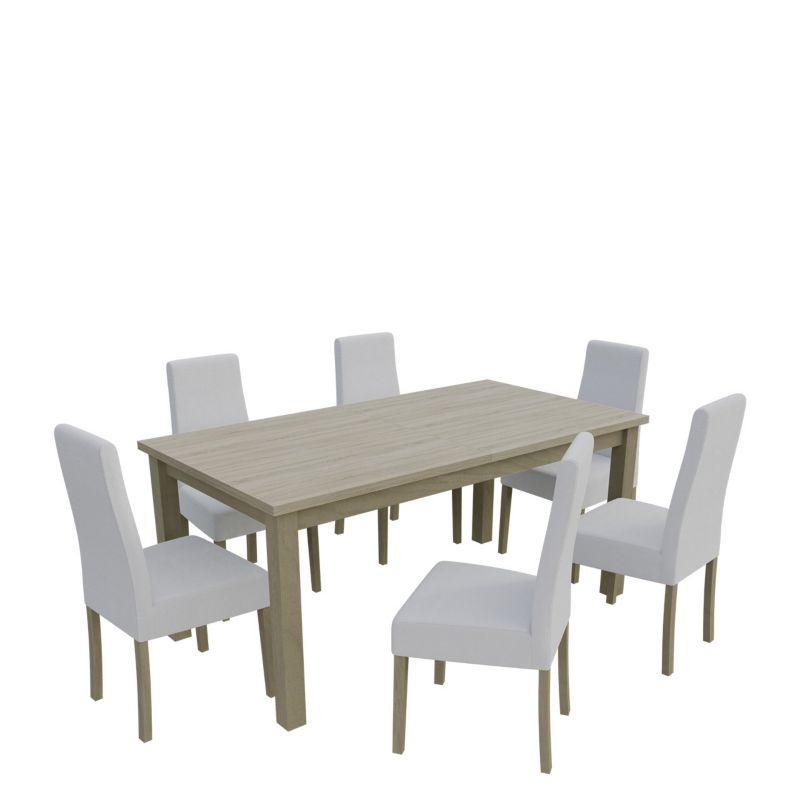 Zestaw RO20 MIRJAN 24 Stół rozkładany S18-L 80x160/200 + 6 krzeseł K63A dąb sonoma + biała ekoskóra 1 kpl.