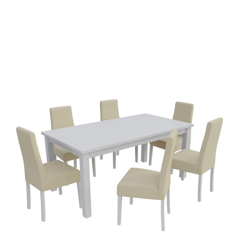 Zestaw RO20 MIRJAN 24 Stół rozkładany S18-L 80x160/200 + 6 krzeseł K63A biały + ekoskóra ecru 1 kpl.