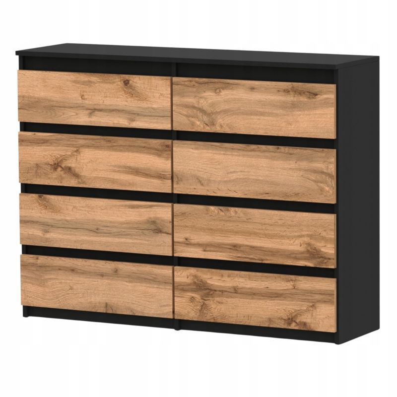 Duża Komoda Z 8 Szufladami Stiv-Meble Czarny Mat / Dąb Wotan Szafka 120X33,5X92,5 Cm 1Szt.