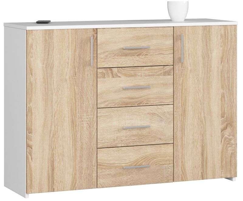 Komoda Akord K45 Biała 110 cm 2 drzwi 4 szuflady kolor Dąb Sonoma mat 4 półki 110x35x80 cm 1 szt.