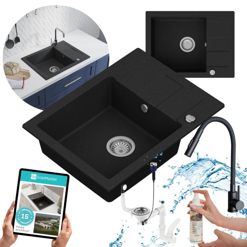 Zestaw zlewozmywak kuchenny GranMaster Quadrato 1-komorowy z ociekaczem, syfonem ,baterią oraz impregnatem, czarny metalik 1szt.