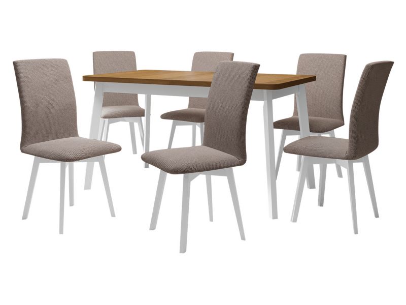 Zestaw DR24 MIRJAN 24 Stół rozkładany Oslo VI 80x140/180 + 6 krzeseł Luna 2 dąb grandson + biały + jasnobrązowa tapicerka 1 kpl.