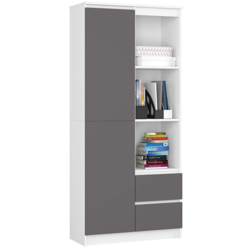 Regał Akord R11 Biały 80 cm 1 drzwi 2 szuflady kolor Grafit Szary mat 7 półek 80x35x180 cm 1 szt.