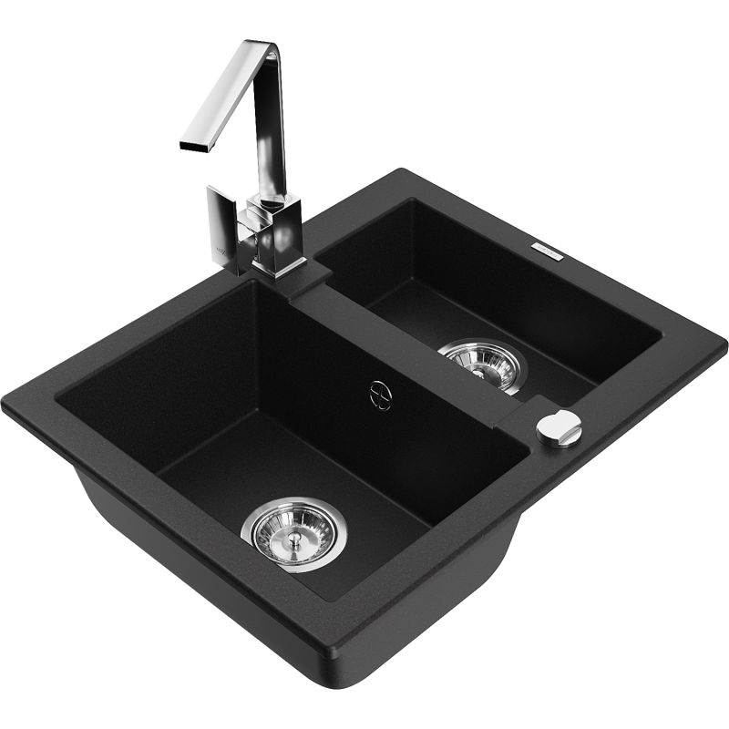 Zlewozmywak granitowy 1.5-komorowy Mexen Carlos z baterią kuchenną Rita czarny 6518-77-670300-00