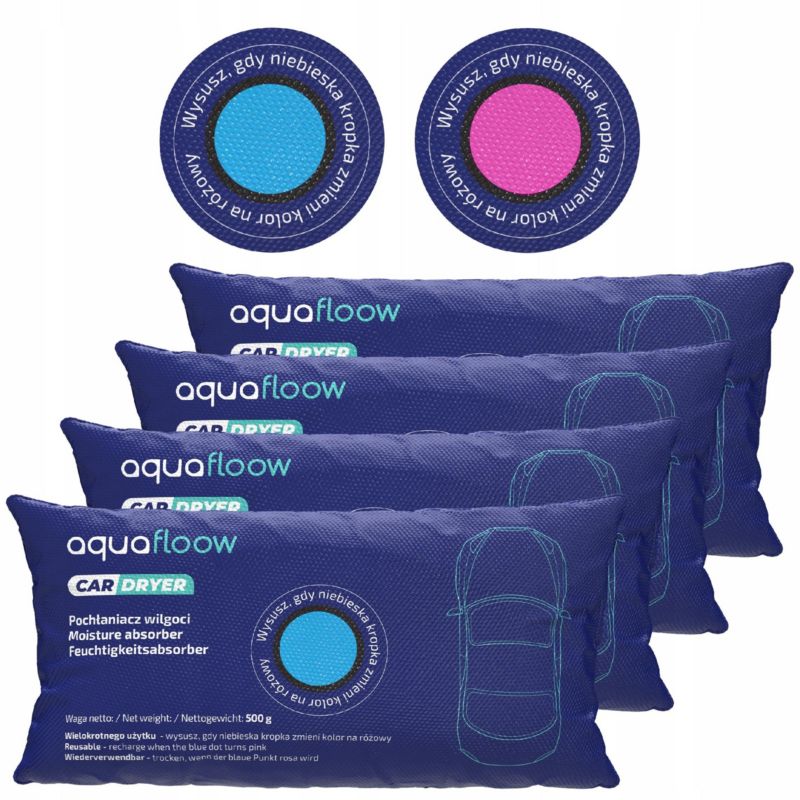 Pochłaniacz wilgoci, Aquafloow, do samochodu, ze wskaźnikiem, wielokrotnego użytku, 500g, 4szt