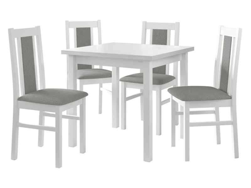 Zestaw DR05 MIRJAN 24 Stół Max IX 80 + 4 krzesła Bos 14 biały + szara tapicerka 1 kpl.