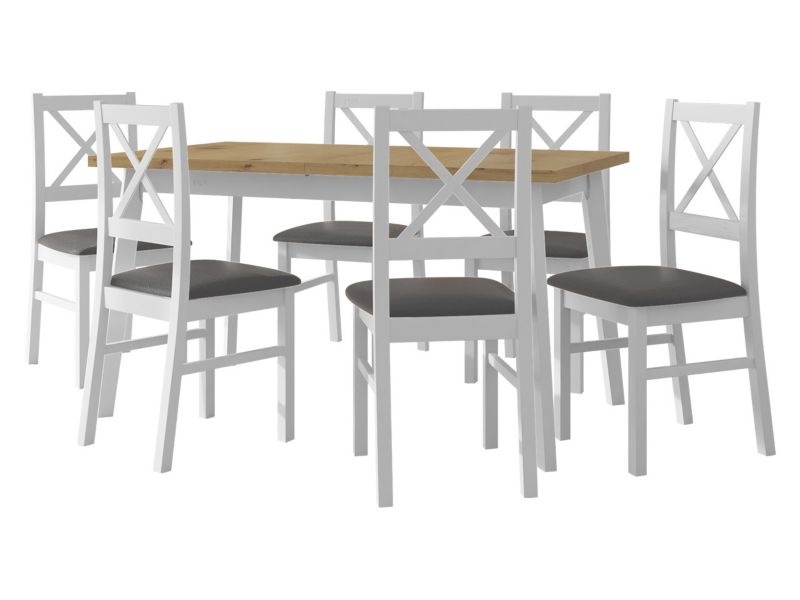 Zestaw DR11 MIRJAN 24 Stół rozkładany Oslo V 80x140/180 + 6 krzeseł Nilo 10 dąb artisan + biały + ciemnoszara tapicerka 1 kpl.