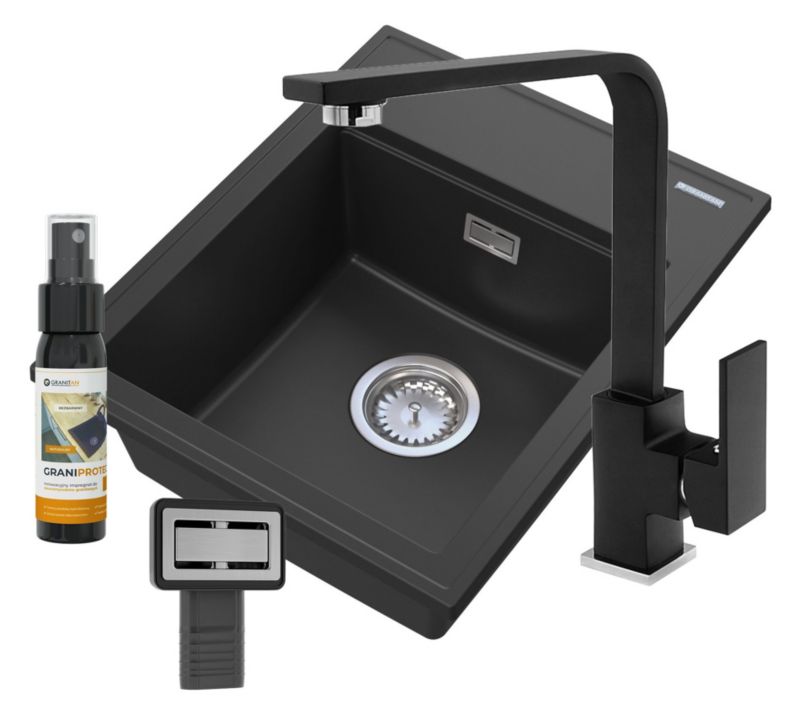 Zlewozmywak Granitowy Jednokomorowy Granitan Alor Czarny Zestaw Zlewozmywak Bateria Snake czarna Syfon 1 kpl.