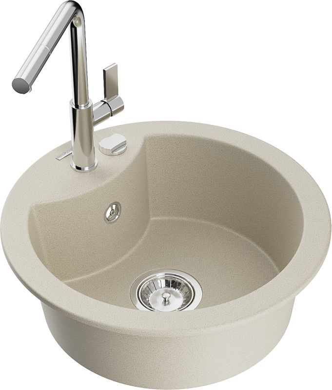 Zlewozmywak granitowy Mexen Diego 1-komorowy z baterią kuchenną Flora beżowy 6512-69-670401-00