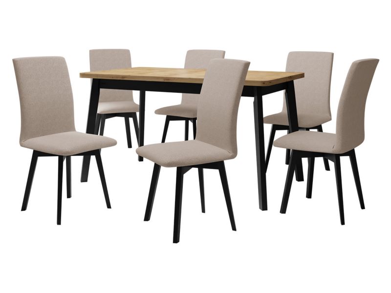 Zestaw DR24 MIRJAN 24 Stół rozkładany Oslo VI 80x140/180 + 6 krzeseł Luna 2 dąb artisan + czarny + beżowa tapicerka 1 kpl.
