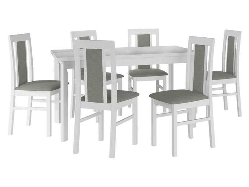 Zestaw DR20 MIRJAN 24 Stół rozkładany Modena I P 80x140/180 + 6 krzeseł Nilo 2 biały + szara tapicerka 1 kpl.