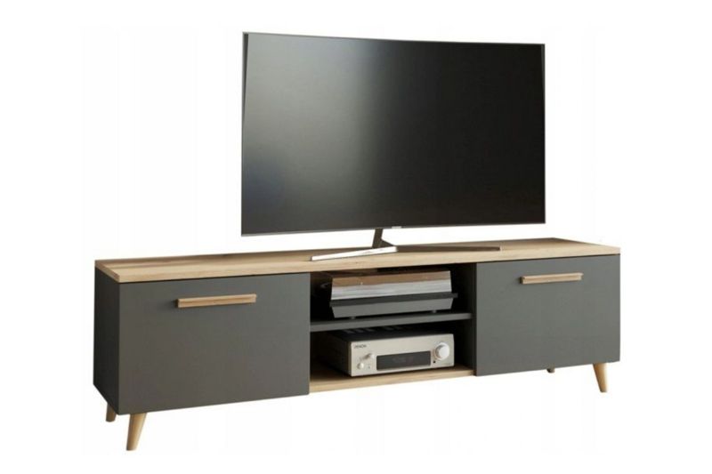 Szafka RTV Kobi BERGA 120 cm skandynawska, nogi drewniane - Antracyt / Dąb Artisan 1 szt.