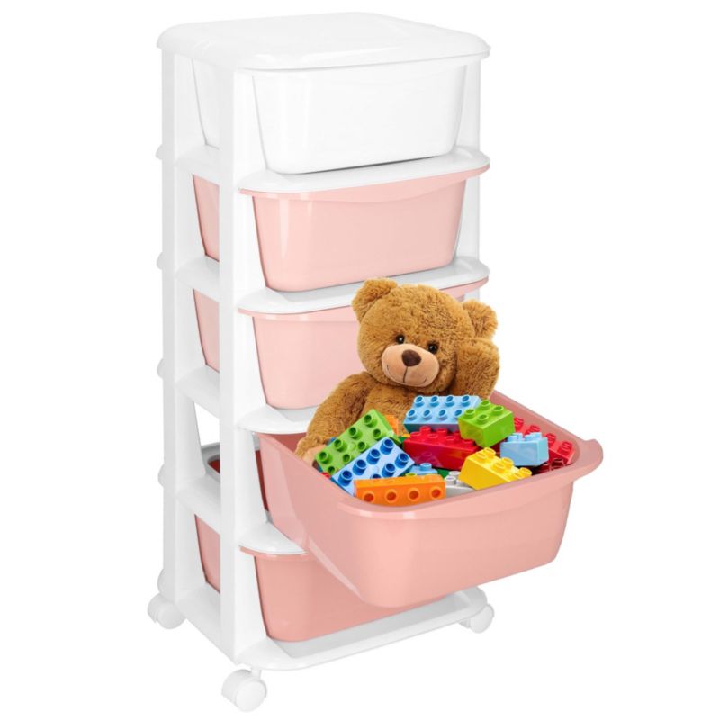 Regał łazienkowy z 5 szufladami Springos szafka na kółkach na zabawki mobilna różowo-biała 1 szt.