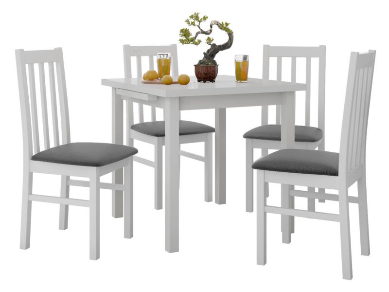 Zestaw DR14 Stół rozkładany Max VII 80x80/110 + 4 krzesła Bos 10 biały + ciemnoszara tapicerka 1 kpl.