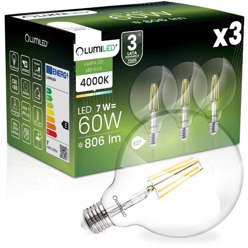 Żarówka LED Lumiled E27 Kula G125 7W 806lm 4000K 360st Filament 3 szt.