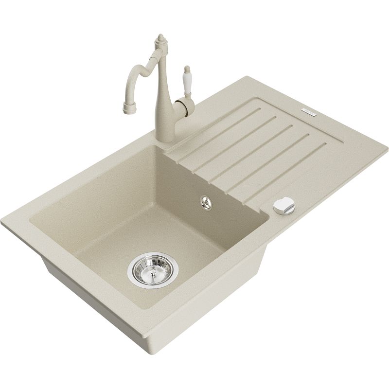 Zlewozmywak granitowy 1-komorowy Mexen Pablo z ociekaczem i baterią kuchenną Carla beżowy 6510-69-670700-69