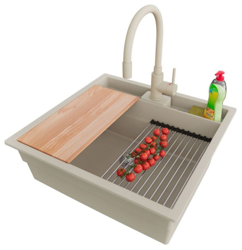 Zlewozmywak Granitowy Bergen Pocket PRIMAGRAN Nablatowy 56x54cm do szafki od 60cm, Beżowy + Bateria + Syfon + Akcesoria, , 1 szt.