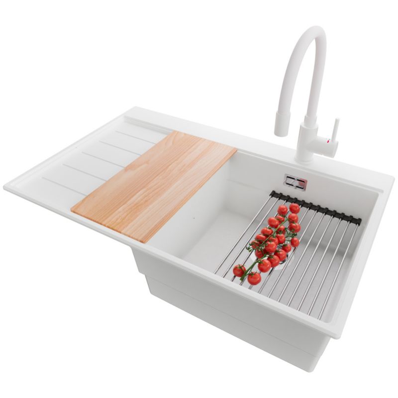 Zlewozmywak Granitowy Sydney PRIMAGRAN Nablatowy 78x50cm do szafki od 45cm, Biały + Bateria + Syfon + Akcesoria, S231, 1 szt.