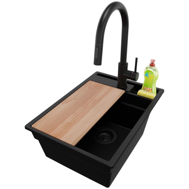 Zlewozmywak Granitowy Oslo Pocket PRIMAGRAN Nablatowy 38x53cm do szafki od 40cm z Syfonem i Baterią i Dodatkiem Cały Czarny 1 szt.