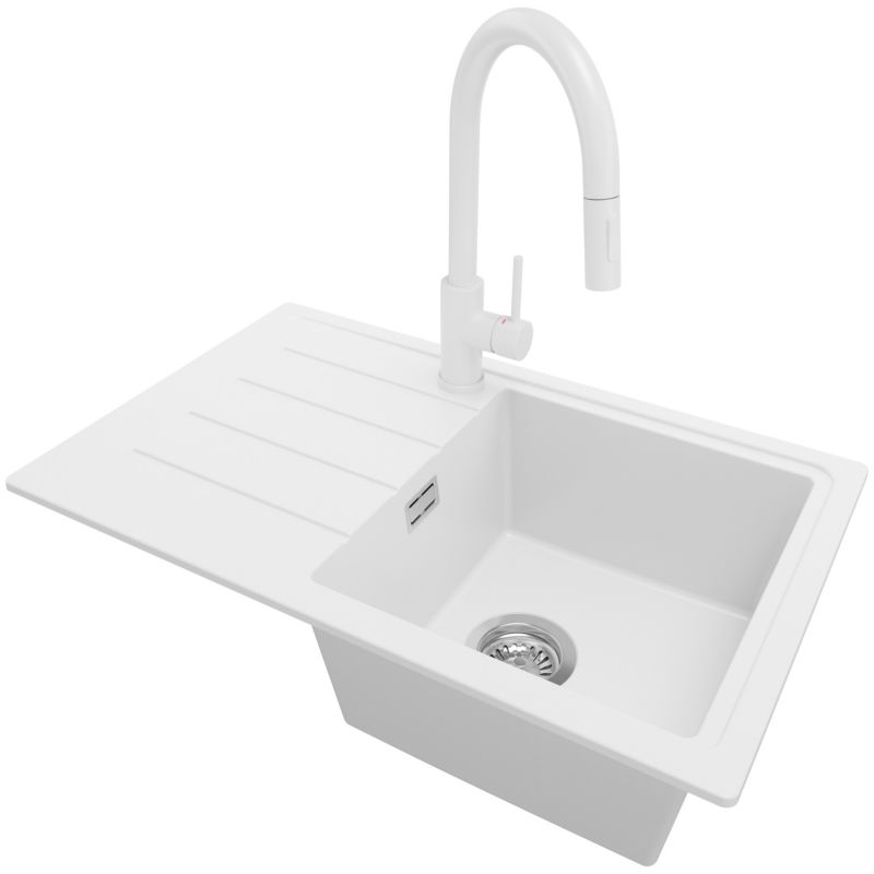 Zlewozmywak Granitowy Kopenhaga Easy PRIMAGRAN Nablatowy 70x44cm do szafki od 45cm, Biały + Bateria 40x20cm + Syfon, S055, 1 szt.