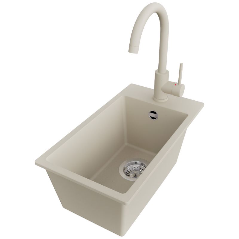 Zlewozmywak Granitowy Ryga PRIMAGRAN Nablatowy 28x50cm do szafki od 30cm, Beżowy + Bateria 32x20cm + Syfon, S017, 1 szt.