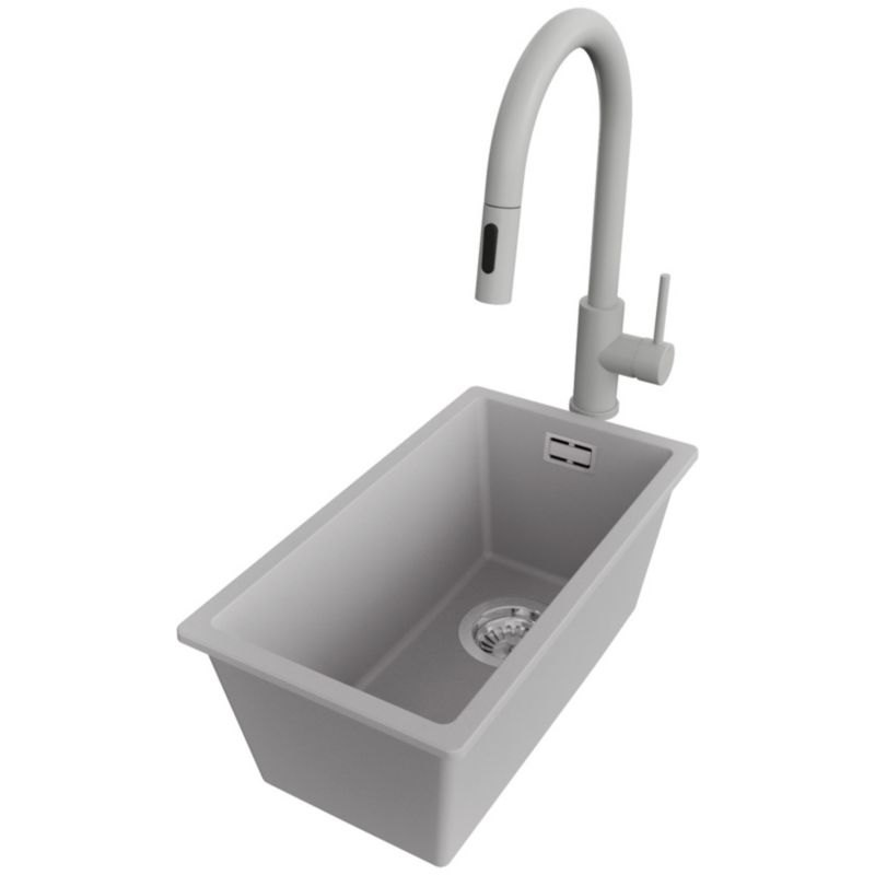 Zlewozmywak Granitowy Londyn Slim PRIMAGRAN Nablatowy 26x47cm do szafki od 30cm, Szary + Bateria 40x20cm + Syfon, S019, 1 szt.