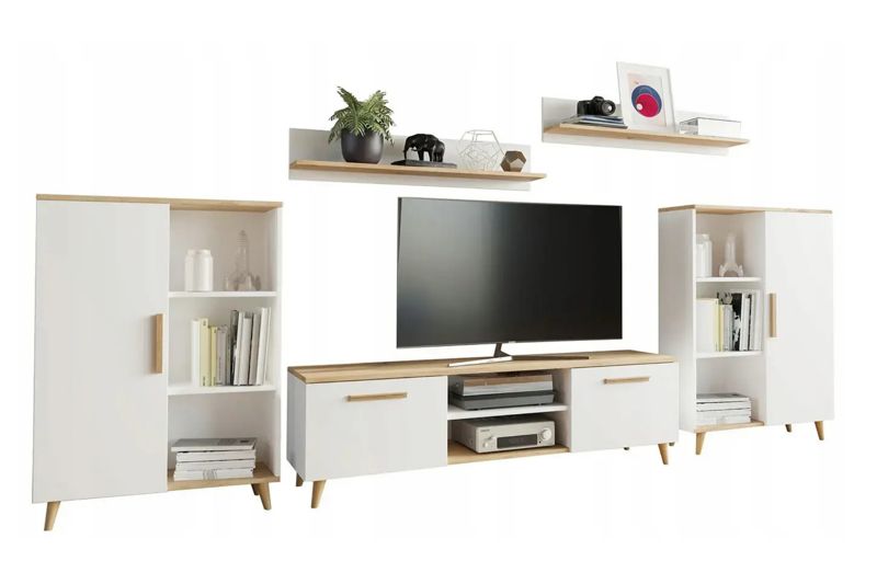 Zestaw mebli do salonu Kobi OSKAR II szafka RTV, komody, półki, styl skandynawski, nogi drewniane - Biały / Dąb Artisan 1 szt.
