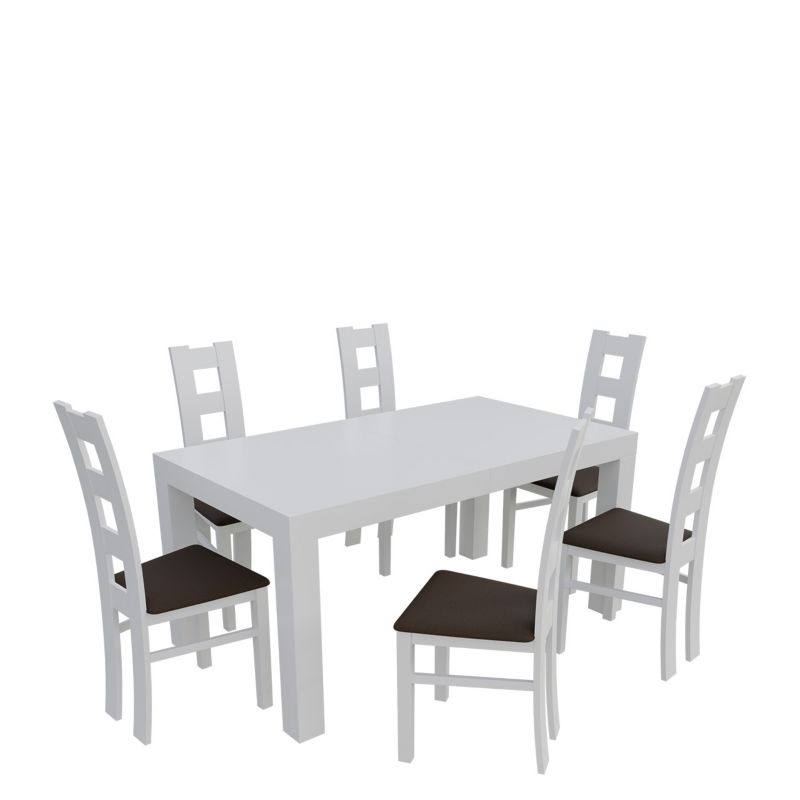 Zestaw RO46 MIRJAN 24 Stół rozkładany SF-25 90x160/210 + 6 krzeseł K42 biały + gorzka czekolada 1 kpl.