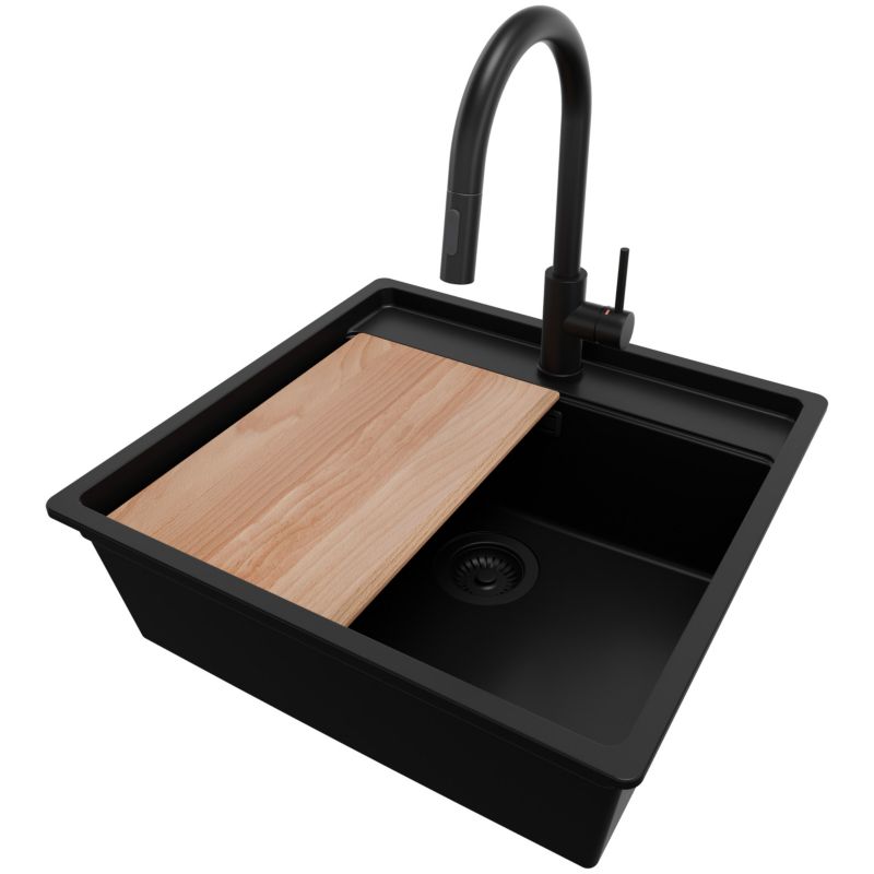 Zlewozmywak podblatowy Bergen PRIMAGRAN 56x53cm do szafki od 60cm, Cały Czarny + Bateria 40x20cm + Syfon + Deska, S092, 1 szt.