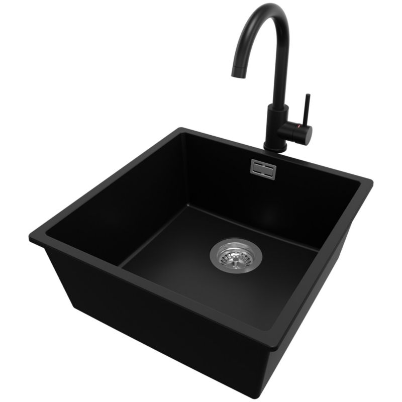 Zlewozmywak Granitowy Londyn Slim PRIMAGRAN Nablatowy 46x47cm do szafki od 50cm, Czarny + Bateria 32x20cm + Syfon, S217, 1 szt.