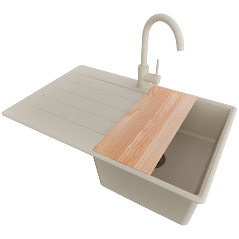 Zlewozmywak Granitowy Kopenhaga PRIMAGRAN Nablatowy 78x50cm do szafki od 45cm, Beżowy + Bateria + Syfon + Deska, S355, 1 szt.