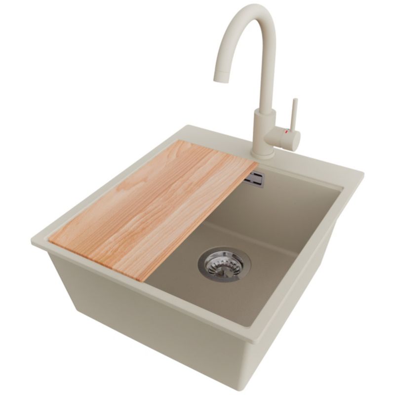 Zlewozmywak Granitowy Oslo PRIMAGRAN Nablatowy 43x50cm do szafki od 45cm, Beżowy + Bateria 32x20cm + Syfon + Deska, S199, 1 szt.