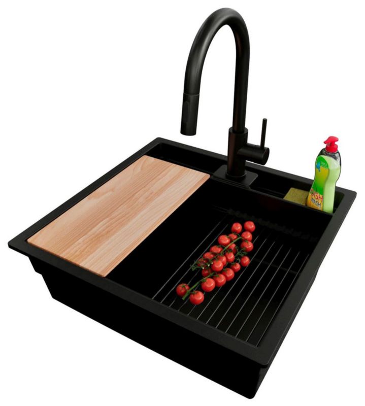 Zlewozmywak podblatowy Bergen Pocket PRIMAGRAN 56x54cm do szafki od 60cm, Cały Czarny + Bateria + Syfon + Akcesoria, , 1 szt.