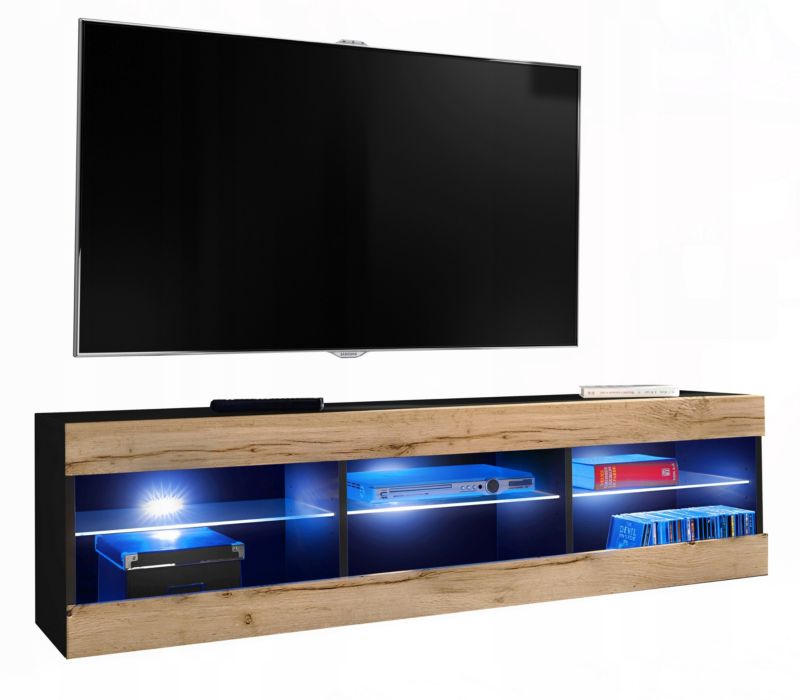 Szafka RTV LED Salon Nowoczesna Czarny/Dąb Wotan RGB LED 140x35 Pokój 1 szt.