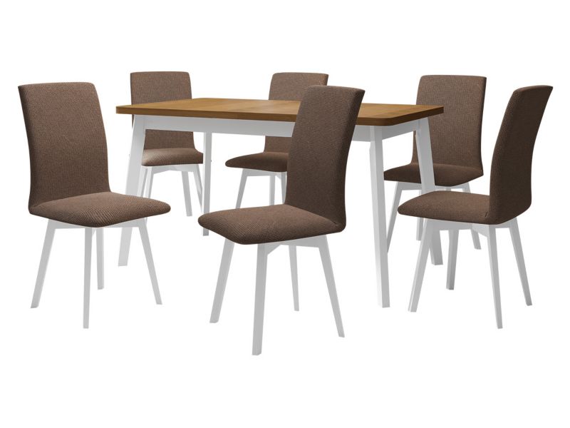 Zestaw DR24 MIRJAN 24 Stół rozkładany Oslo VI 80x140/180 + 6 krzeseł Luna 2 dąb grandson + biały + brązowa tapicerka 1 kpl.