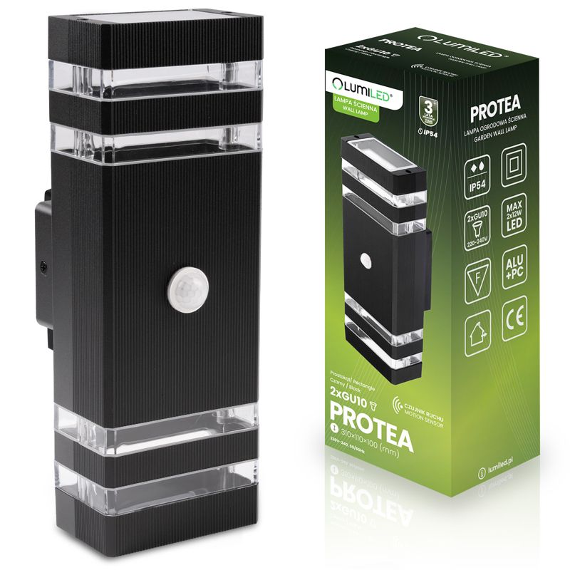 Lampa Ogrodowa Lumiled Kinkiet Elewacyjny 2xGU10 Czarny Czujnik Ruchu i Zmierzchu IP54 1 szt