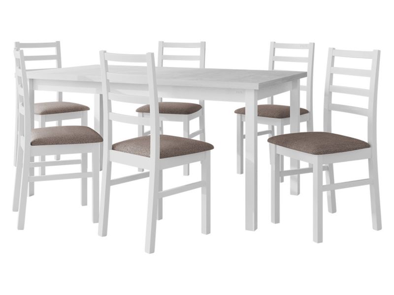 Zestaw DR02 MIRJAN 24 Stół rozkładany Modena II 90x160/200 + 6 krzeseł Nilo 8 biały + jasnobrązowa tapicerka 1 kpl.